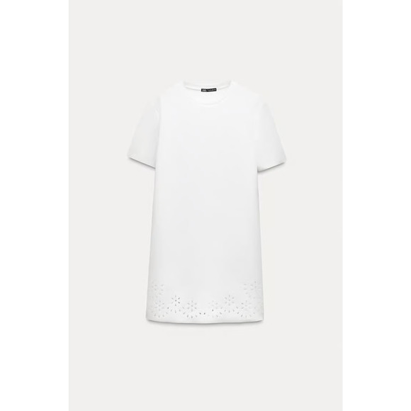 Zara Faux Suede Short Sleeve Eyelet Detail Shift Mini Dress White Women's Small - Picture 2 of 6